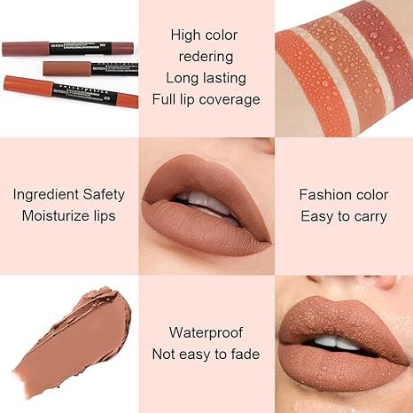 Generic Deep Dark Red Matte Lipstick and Lip Crayon Liner Pencil Pen Set for Women Lip Stain Long Lasting Waterproof labiales (1, 1Pcs 17# Light Brown)