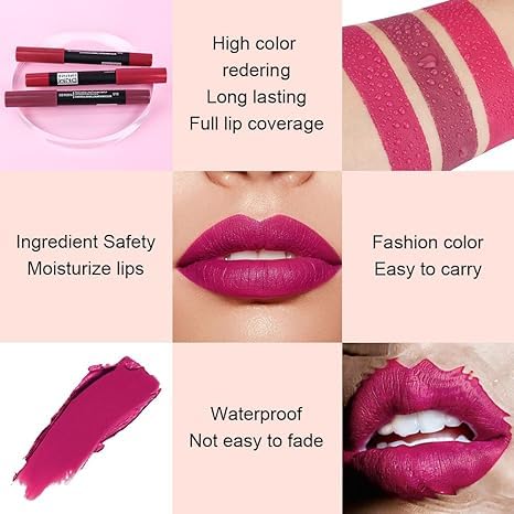 Generic Deep Dark Red Matte Lipstick and Lip Crayon Liner Pencil Pen Set for Women Lip Stain Long Lasting Waterproof labiales (1, 1Pcs 14# Plum Purple)