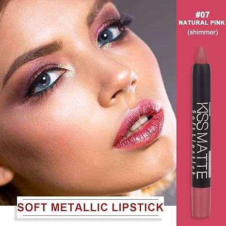 Generic Deep Dark Red Matte Lipstick and Lip Crayon Liner Pencil Pen Set for Women Lip Stain Long Lasting Waterproof labiales (1, 1Pcs 07# Natural Pink Metallic)