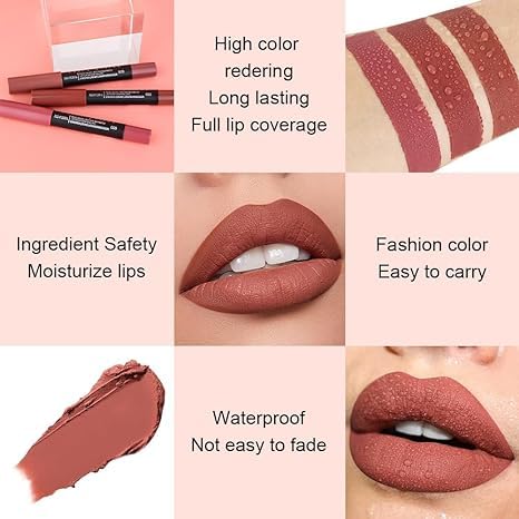 Generic Deep Dark Red Matte Lipstick and Lip Crayon Liner Pencil Pen Set for Women Lip Stain Long Lasting Waterproof labiales (1, 1Pcs 06# Brown)
