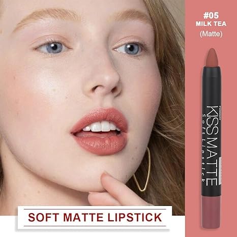 Generic Deep Dark Red Matte Lipstick and Lip Crayon Liner Pencil Pen Set for Women Lip Stain Long Lasting Waterproof labiales (1, 1Pcs 05# Nude Beige)