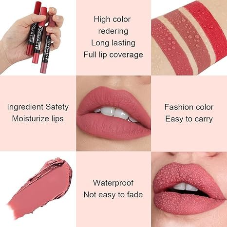 Generic Deep Dark Red Matte Lipstick and Lip Crayon Liner Pencil Pen Set for Women Lip Stain Long Lasting Waterproof labiales (1, 1Pcs 15# Nude Pink)