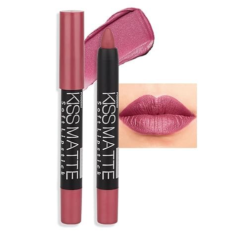 Generic Deep Dark Red Matte Lipstick and Lip Crayon Liner Pencil Pen Set for Women Lip Stain Long Lasting Waterproof labiales (1, 1Pcs 07# Natural Pink Metallic)