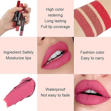 Generic Deep Dark Red Matte Lipstick and Lip Crayon Liner Pencil Pen Set for Women Lip Stain Long Lasting Waterproof labiales (1, 1Pcs 16# Mauve Pink)