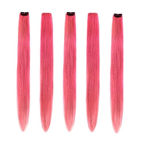Winsky Pink Hair Extensions Clip in Human Hair - Clip on Colored Girls Hair Extensions Women Beauty 5 Pieces/Set (18inch,Pink)