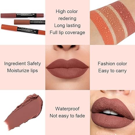 Generic Deep Dark Red Matte Lipstick and Lip Crayon Liner Pencil Pen Set for Women Lip Stain Long Lasting Waterproof labiales (1, 1Pcs 08# Dark Brown)