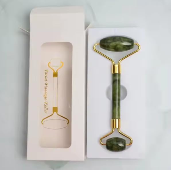 BelleVita Jade Roller & Gua Sha Set- Natural Facial Massage Tool for Lymphatic Drainage, Anti Aging and Glowing Skin Cooling Greenstone, Face and Neck Skin Care Set.