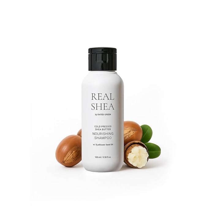 RATED GREEN Real Shea Nourishing Travel Size Shampoo | Organic Cold Pressed Sunflower Seed Oil | For Dry and Brittle Hair | Silicone-Free, Korean Hair Care | 3.38 fl oz