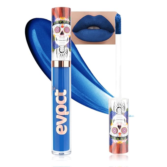 evpct 1Pcs Royal Blue Matte Liquid Lipstick Lip Stain Sets for Women, Skull Face Halloween Dark Blue Matte+Lipstick Long Lasting Permanent 24 hr Hours Magic Lipstick 24 Hours original Waterproof,21#