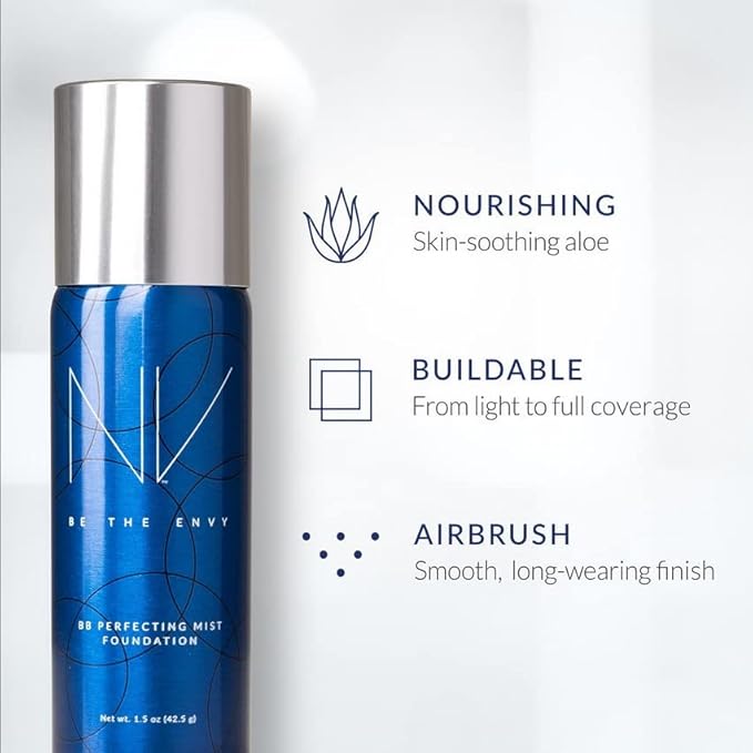NV BB Perfecting Mist Foundation Buildable Coverage Professional Airbrush Makeup with Plant-based Stem Cell Polypeptides, Vitamins A, D, E and Aloe, 1.5 ounces, Warm Ivory
