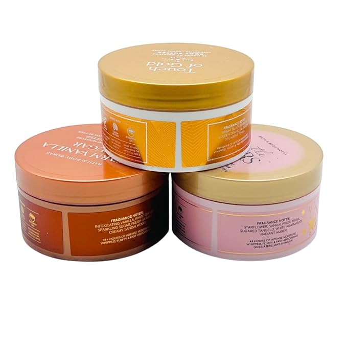 Bath & Body Works Golden Bundle 3-Pack Body Butter Gift Set – In The Stars Glowtion, Touch of Gold & Warm Vanilla Sugar 6.5 oz each with 30-Inch Metallic Gold & Silver Striped Bow for Holidays