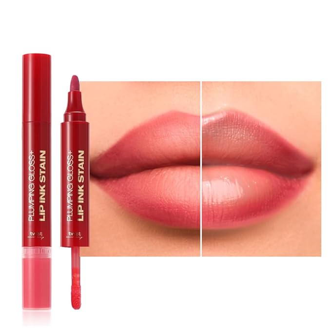 Rose Pink Dual-Ended Liquid Watercolor Lip Liner & Hydrating Tinted Lip Oil, Highly Pigmented Long Lasting Lip marker pen, Smudge Proof Natural Finish, Precise Chisel Tip Marker 03#