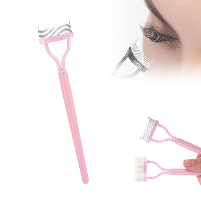 Eyelash Comb Eyelash Separator Tool, Arc Designed Eyelash Comb Separator, Eyelash Brush Separator With Metal Teeth Eyelashes Grooming Tool for Eye Cosmetic Brush Tool (Pink, 1 pcs)