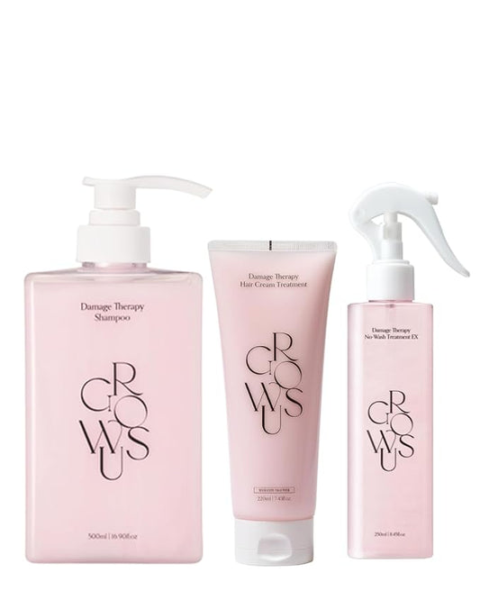 GROWUS 3-Step Repair Trio – Damage Therapy Shampoo + Protein-Infused Cream Treatment + Spray-Type No-Wash Leave-In with Collagen & Heat Protection | KoreanHair Routiine for Dry Frizzy Hair