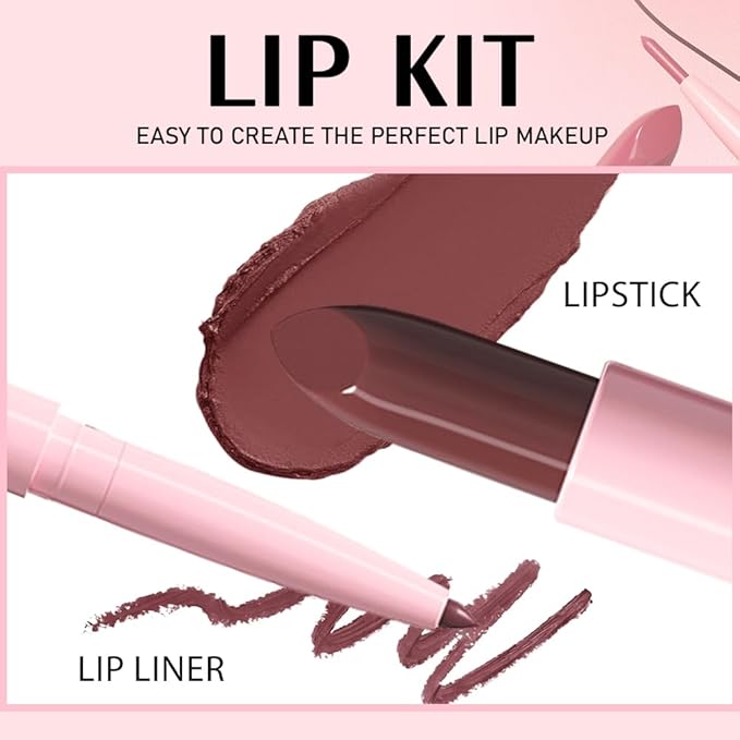2 in 1 Matte Lipstick Lip Liner Pencil Set,Plum Waterproof Lip Stick Lip liner Combo for Old Women Long Lasting Lipstick,labiales mate 24 horas originales