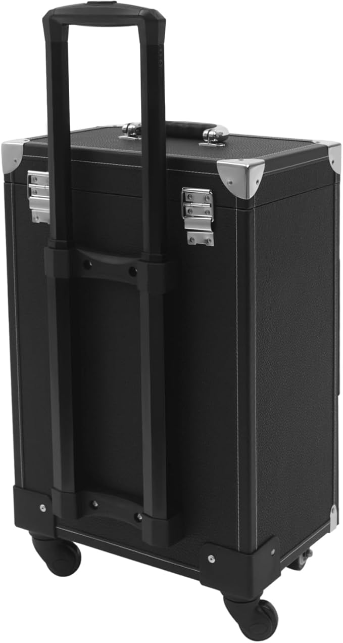 Makeup Train Case, Rolling Makeup Trolley Case, 3 Tiers Lockable Nail Polish Organizer with 2 Keys 4 Wheels (2 with Brakes) for Travel Makeup Artists Nail Technicians (Black Case, Silver Lock)