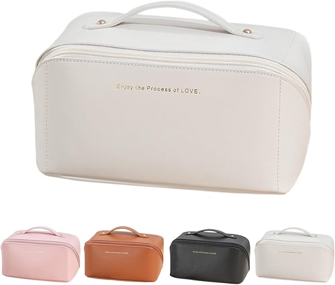 Large Capacity Makeup Bag Portable Travel Cosmetic Bag Opens Flat for Women Girls Makeup Pouch Portable Zipper Bag (Cream White)