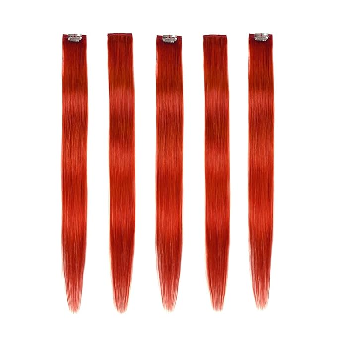 Winsky Orange-red Hair Extensions Girls Clip in Human Hair - 100% Straight Party Highlights Clip on Colored Hair Extensions 5 Pieces/Set (18inch,Orange-red)