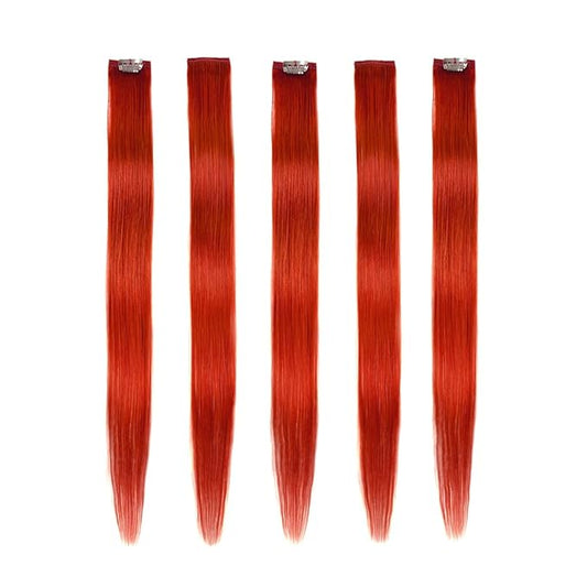 Winsky Orange-red Hair Extensions Girls Clip in Human Hair - 100% Straight Party Highlights Clip on Colored Hair Extensions 5 Pieces/Set (18inch,Orange-red)