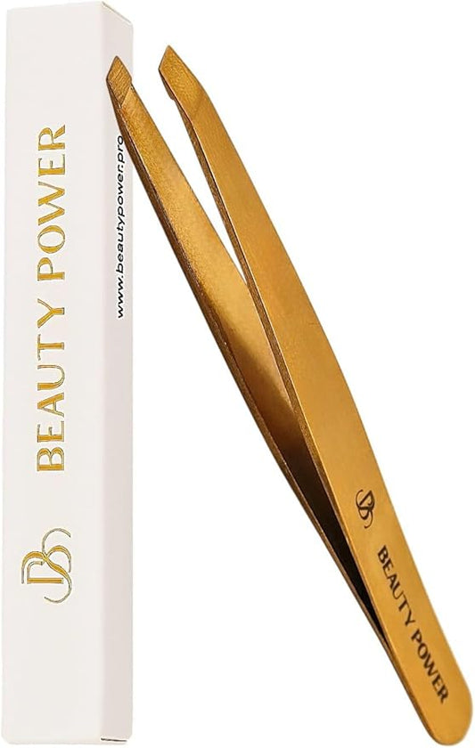 Professional Precision Slant Tweezers for Women Facial Hair - Tweezers for Men & Women, Eyebrow Tweezer for Ingrown Hair Blackhead & Splinter Removal - Gold