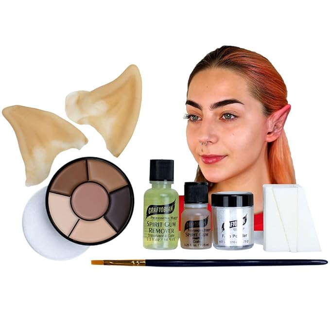 Graftobian Elf Ear Complete Makeup Kit - Elf Ears with Spirit Gum Adhesive and Skin Tone Makeup - for Cosplay, Halloween Costumes, & Theater - Full Color Instructions