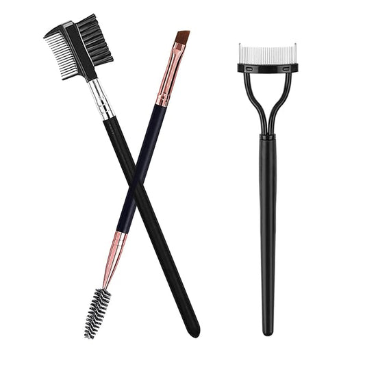 Steel Eyelash Comb, Angled Eyebrow Brush, Mascara Comb Curlers Spoolie Brush, 3 PCS in 1 Box Eyes Makeup Grooming Tool Set(Black)