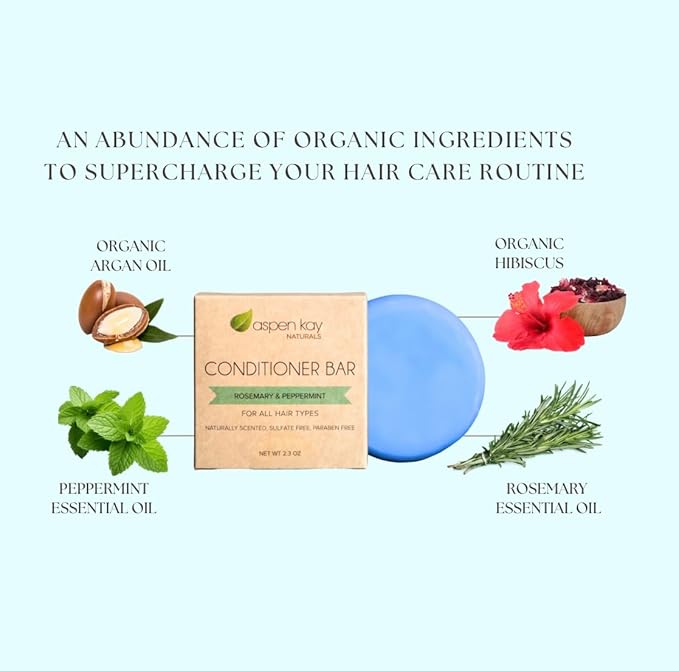 Peppermint & Rosemary Natural Hair Conditioner Bar, Organic, Vegan, Volumizing, Hydrating Argan Oil Conditioner for Curly or Straight Hair, Paraben & Sulfate Free, Made in USA - 2.3 oz.