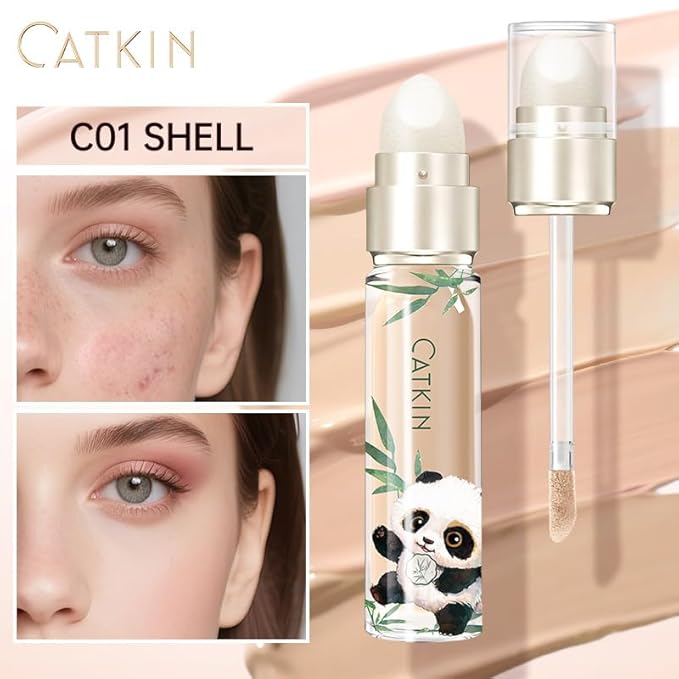 CATKIN Full Coverage Dual-Ended Liquid Concealer Eraser Dark Circles Treatment, Creamy Blendable smooth formula for Blemishes Redness, Long Lasting Waterproof, Sponge Tip Included 5g C01 Shell