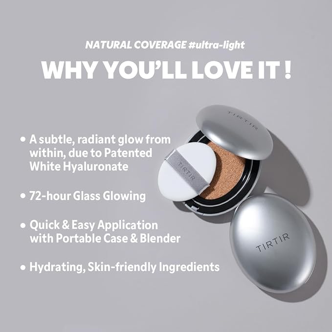 TIRTIR Mask Fit Aura Silver Cushion Foundation | Semi-glow Finish, Natural Coverage, Moisturizing, Lightweight, Korean cushion foundation (#21N Ivory, Full Size, 0.63 Fl Oz)