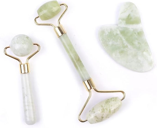 HOTACE Jade Roller for Face-3 in 1 Kit Facial Massager Tool Natural Jade Stone Facial Roller Anti Aging,Face Beauty Set for Eye Anti-Wrinkle-Green