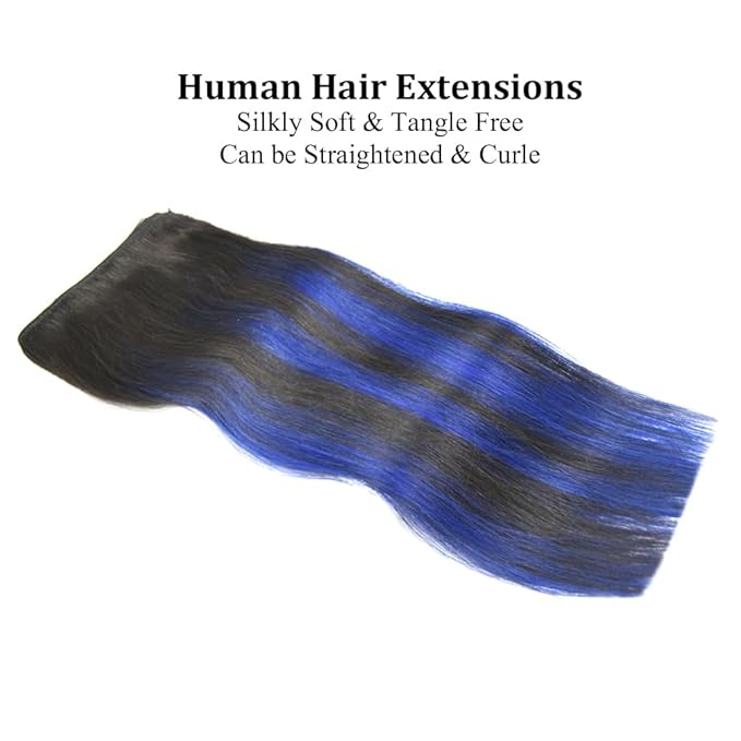 22" Hair Extensions Clip in Human Hair for Women - Silky Straight Remy Real Long Human Hair Clip on 90grams 4pieces #(1B/Blue) T1B Color