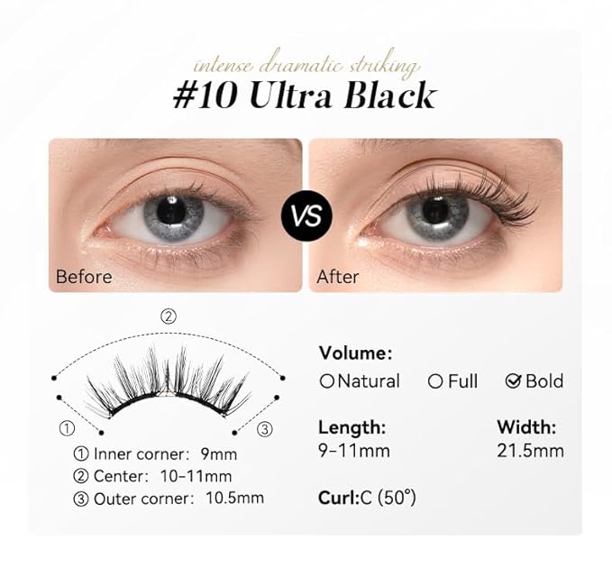 Soft Magnetic Eyelashes Kit with Applicator, No.10 Ultra Black, Reusable Glue-free Wispy Magnetic Lashes, Cruelty-free False Lashes, Waterproof, Lightweight, Suit for Heavy Makeup