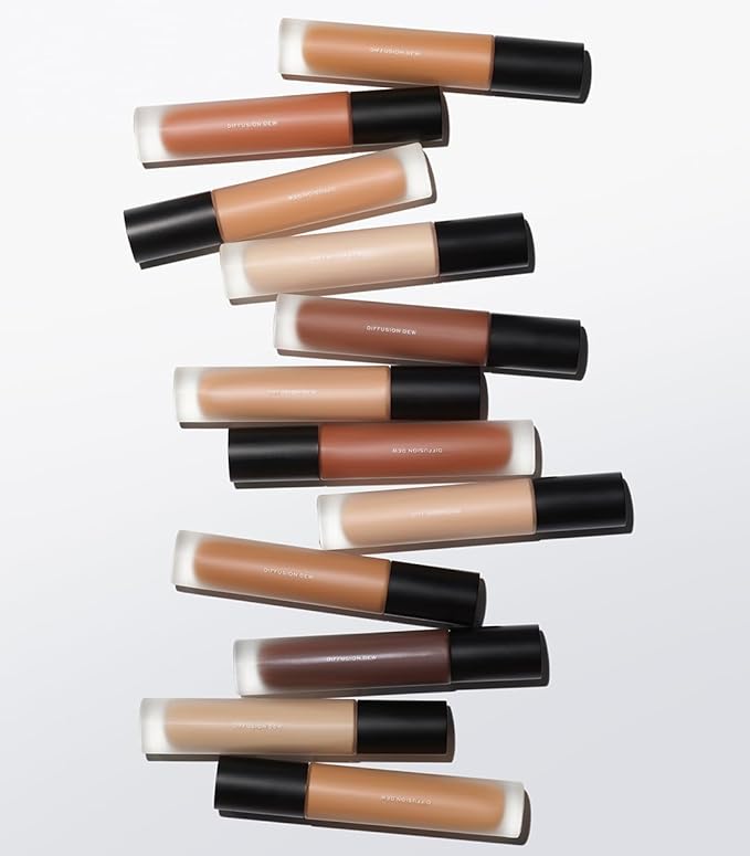 MAKE Beauty Diffusion Dew Skin Tint. Sheer to Medium Coverage Radiant Finish. Blurring, Smoothing, and Brightening for Glowing Complexion. Enhanced with Niacinamide and Adenosine. Caramel 08