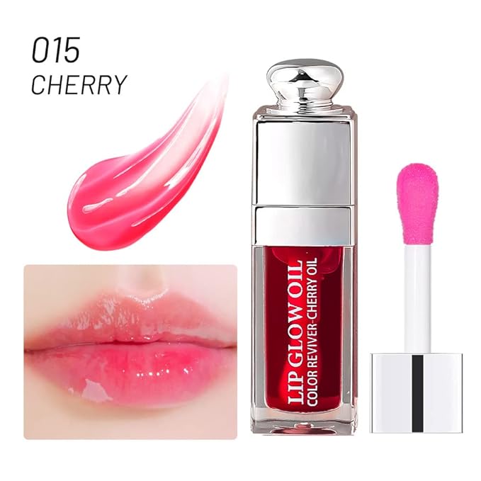GECOMO 2PCS Hydrating Lip Glow Oil, Lip Oil Gloss Transparent Toot Tinted Nourishing Long Lasting Repairing Lightening Lip Lines (CHERRY) 0.2 OZ