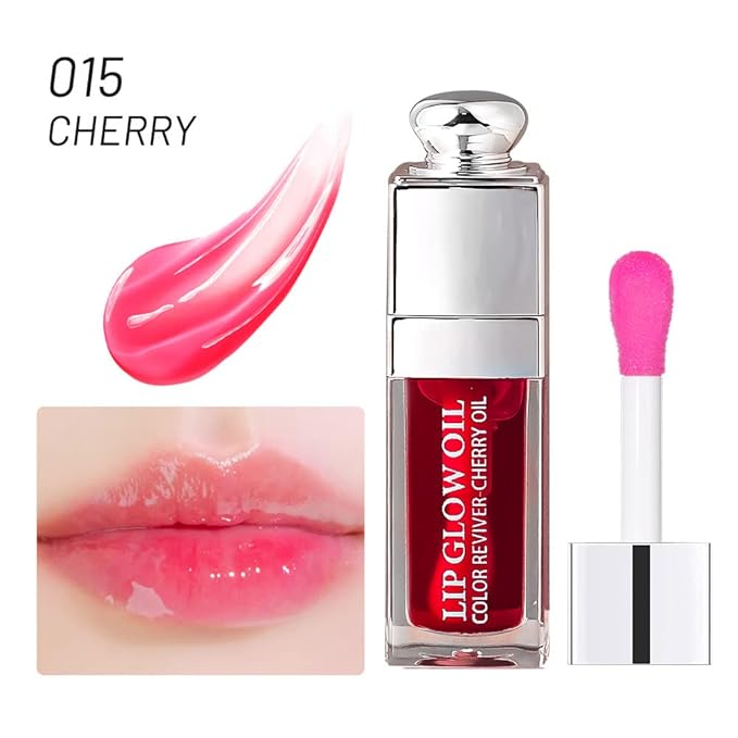 Hydrating Lip Glow Oil, Lip Oil Gloss Transparent Toot Tinted Nourishing Long Lasting Repairing Lightening Lip Lines (CHERRY) 0.2 OZ