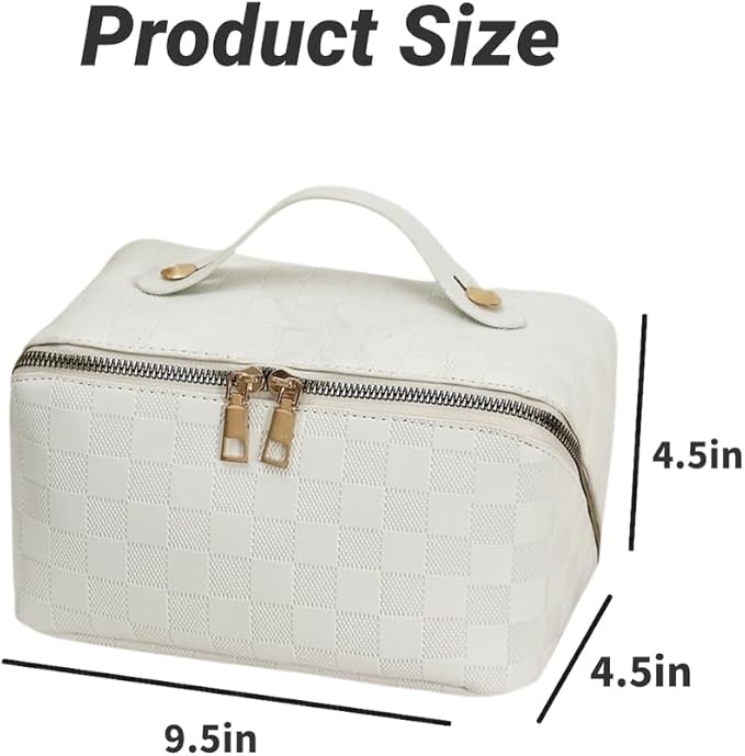 Large Capacity Makeup Bag Portable Travel Cosmetic Bag for Women Girls Gift Makeup Pouch Portable Zipper Bag (White Checkered - upgrade)