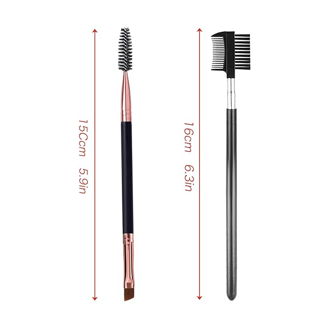 Duo Eyebrow Brush and Eyelash Comb Set - Professional Angled Eye Brow and Spoolie Brush (Black+Black)