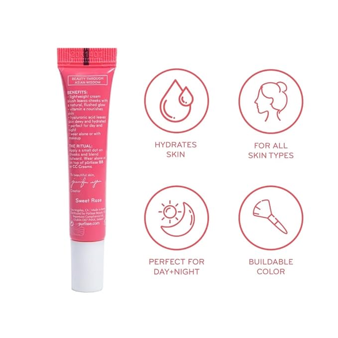 pürlisse Blush Glow BB Cheek Color - Dewy Liquid Blush for Cheeks - Enriched with Vitamin E & Hyaluronic Acid - Creamy, Lightweight & Buildable - Hydrating & Nourishing - Malibu Peach (0.34 Fl oz)