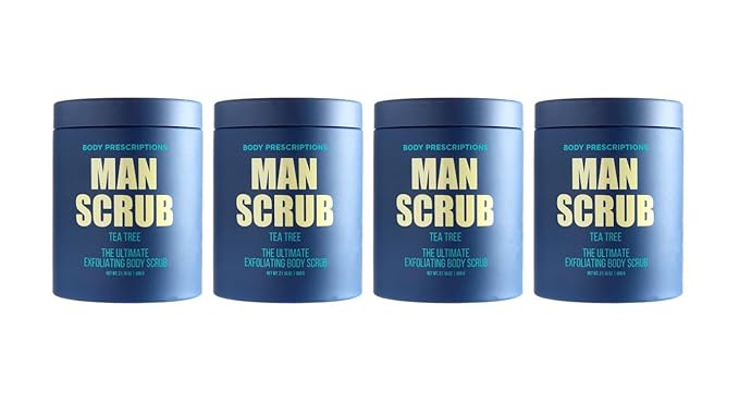 Body Prescriptions Men’s Exfoliating Body Scrub – Ultimate Skin Cleansing Wash in Jar with Twist-Top Lid, For All Skin Types, 21 Ounce (Pack of 4), Tea Tree