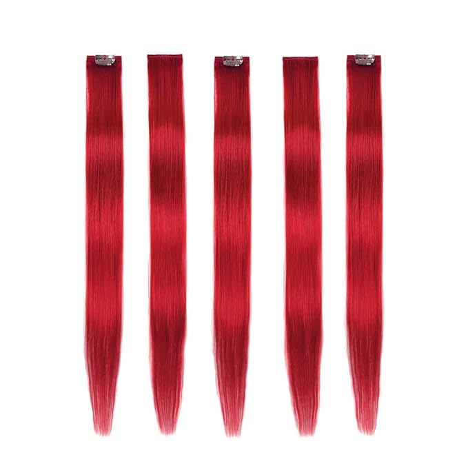 Winsky Red Hair Extensions Clip in Human Hair - 100% Straight Party Highlights Clip on Colored Hair Extensions 5 Pieces/Set (18inch,Red)