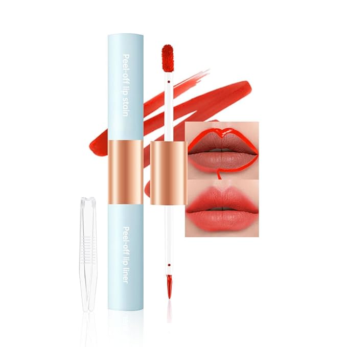 Double-head design Lip Stain Lip Liner Stain,Matte Finish Peel Off Lip Stain with Tweezer, Long Lasting Lightweight Smoothing Waterproof Smudge-proof Transfer-proof, 6#cherry red