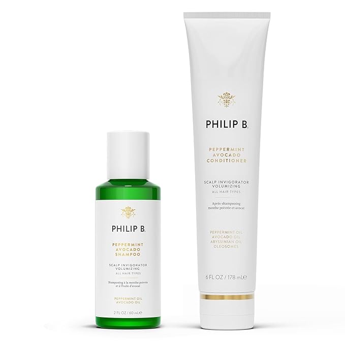 PHILIP B. Peppermint Avocado Conditioner 6oz + Peppermint Avocado Shampoo 2oz Set - Volumizing & Clarifying, Oil and Eucalyptus Invigorates the Scalp With a Tingly Sensation