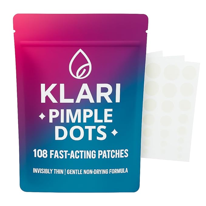 KLARI Invisible Pimple Patches – 108 Hydrocolloid Dots for Face • Overnight Spot Cover • Thin & Waterproof • Two Sizes (9mm & 12mm) • Fragrance-Free