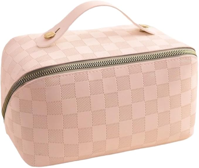 Large Capacity Checkered Makeup Bag Portable Travel Cosmetic Bag for Women Girls Makeup Pouch Portable Zipper Bag (Pink-Checkered)