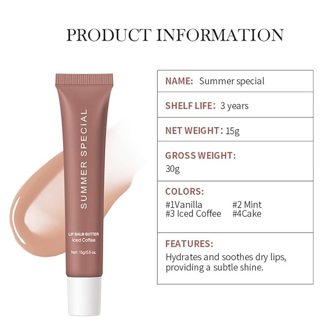 Summer Lip Glossy Butter Balm, Instant Moisture Sheer Tint, Non-Sticky, Conditioning Formula to Soothe & Repair Dry, Chapped Lips, Jelly Lip Stain with Natural Scent (#3Iced Coffee, 1Pc)