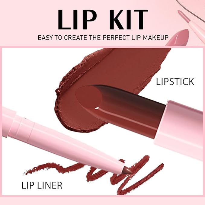 2 in 1 Matte Lipstick Lip Liner Pencil Set,Dark Red Waterproof Lip Stick Lip liner Combo for Old Women Long Lasting Lipstick,labiales mate 24 horas originales