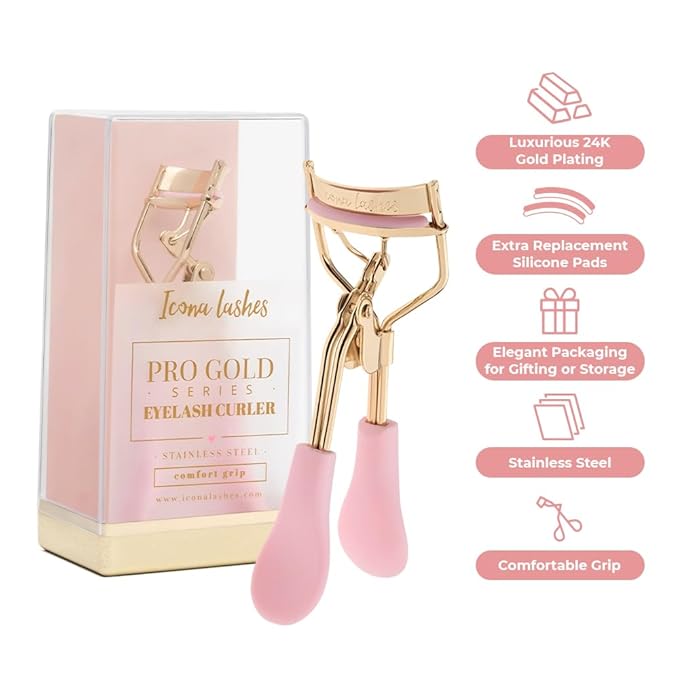 Eyelash Curler - 24K Gold-Plated Stainless Steel Precision Eye Lash Curler for Lush, Luxurious Lashes - Silicone Eyelash Curler Pads, Ergonomic Cushioned Handles - with Replacement Pads