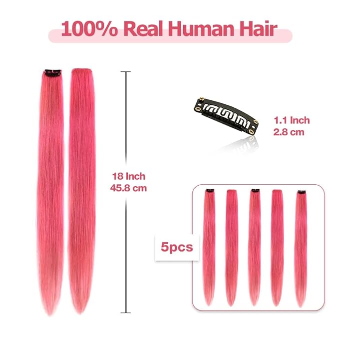 Winsky Pink Hair Extensions Clip in Human Hair - Clip on Colored Girls Hair Extensions Women Beauty 5 Pieces/Set (18inch,Pink)