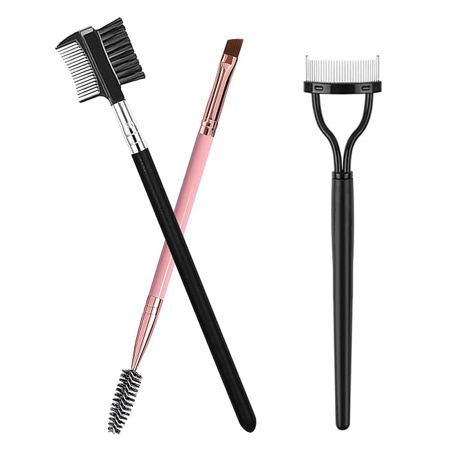 Eyebrow Brush Eyelash Separator Brow Comb & Lash Spoolie Professional Eye Makeup Tools (Black + Pink)(3 Pieces Set)