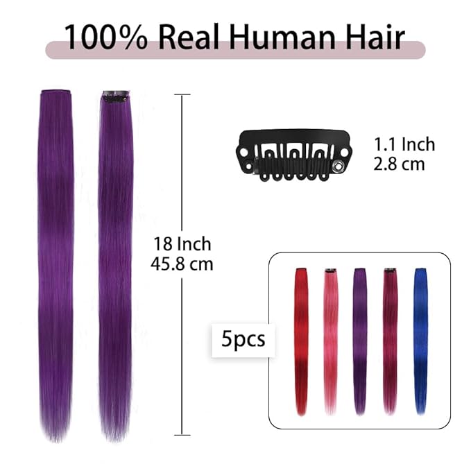 Winsky Colored Clip in Hair Extensions 100% Real Human Hair -Straight Highlights Colored Clip on Hairpieces 5 Pieces/Set (18inch, Pink, Purple, Red, Blue, Burgundy)